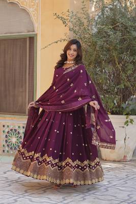 Wine  Designer Readymade Long Kurti & Duppta With Embroidery Zari Sequins Work 4