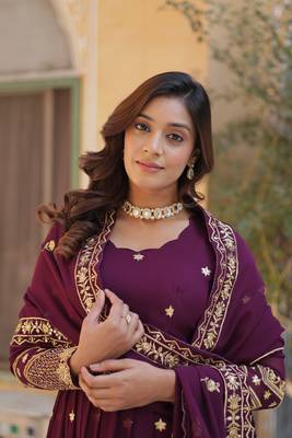 Wine  Designer Readymade Long Kurti & Duppta With Embroidery Zari Sequins Work 6