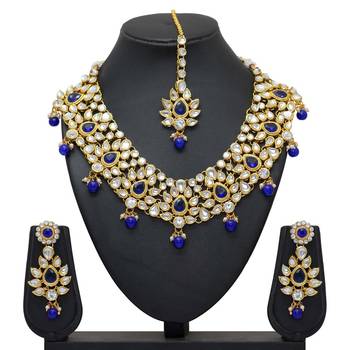 Blue Color Imitation Pearl and Kundan Necklace With Earrings and Maang Tikka 3