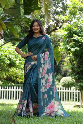Sky soft tussar silk blend printed saree festive wear 1