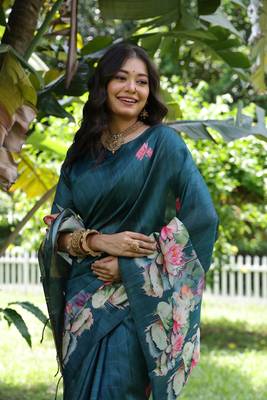 Sky soft tussar silk blend printed saree festive wear 2
