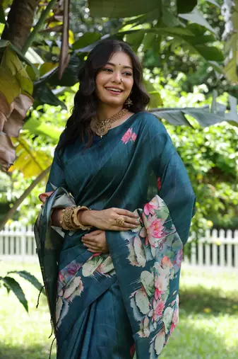 Sky soft tussar silk blend printed saree festive wear