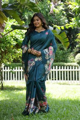 Sky soft tussar silk blend printed saree festive wear 3
