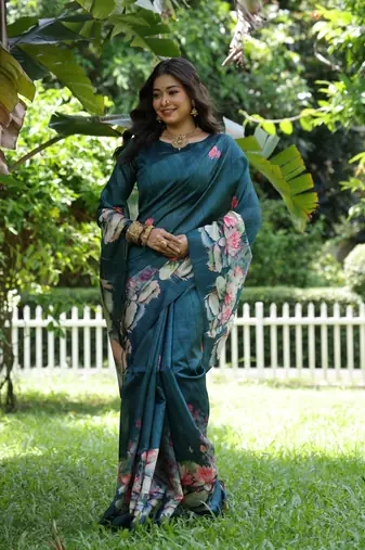 Sky soft tussar silk blend printed saree festive wear