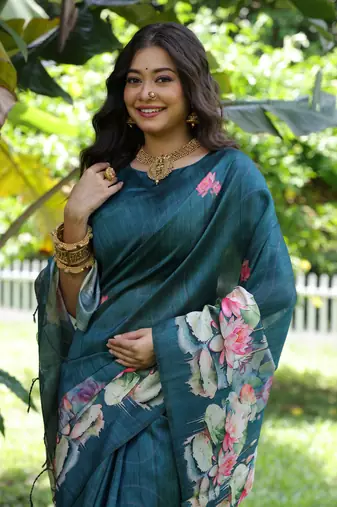 Sky soft tussar silk blend printed saree festive wear