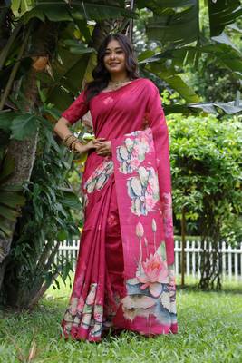 Pink soft tussar silk blend printed saree festive wear 1