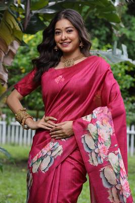 Pink soft tussar silk blend printed saree festive wear 2