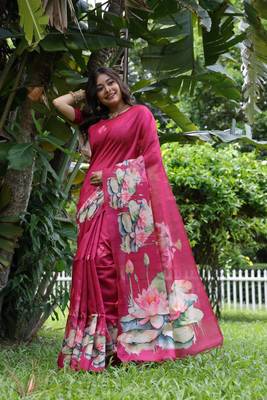 Pink soft tussar silk blend printed saree festive wear 3