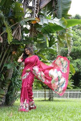 Pink soft tussar silk blend printed saree festive wear 4