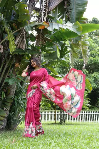 Pink soft tussar silk blend printed saree festive wear