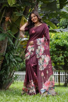 Maroon soft tussar silk blend printed saree festive wear 1