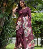 Maroon soft tussar silk printed saree festive wear