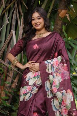 Maroon soft tussar silk blend printed saree festive wear 2