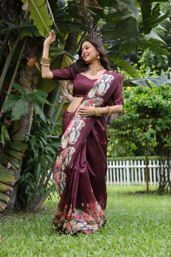 Maroon soft tussar silk blend printed saree festive wear