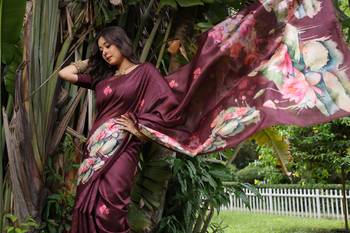 Maroon soft tussar silk blend printed saree festive wear 4
