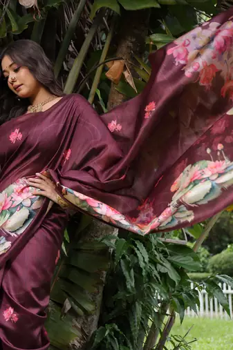 Maroon soft tussar silk blend printed saree festive wear