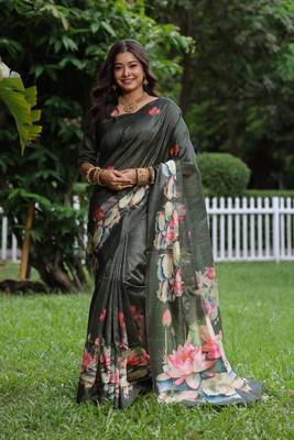 Grey soft tussar silk blend printed saree festive wear 1