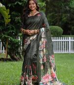 Grey soft tussar silk printed saree festive wear