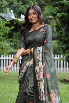 Grey soft tussar silk blend printed saree festive wear 2