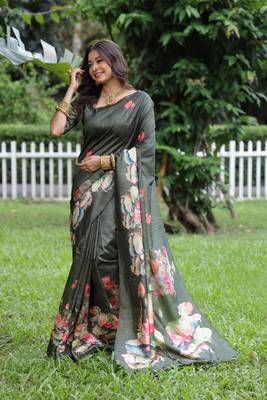 Grey soft tussar silk blend printed saree festive wear 3