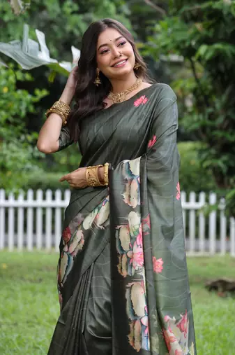 Grey soft tussar silk blend printed saree festive wear