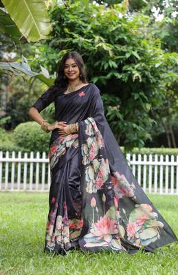 Navy blue soft tussar silk blend printed saree festive wear 1