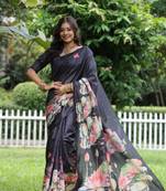 Navy blue soft tussar silk printed saree festive wear