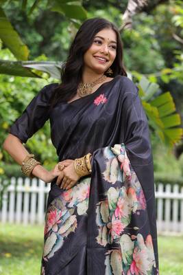 Navy blue soft tussar silk blend printed saree festive wear 2