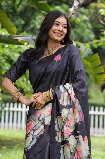 Navy blue soft tussar silk blend printed saree festive wear