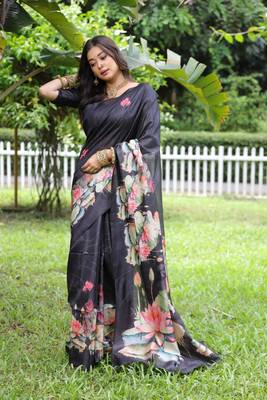 Navy blue soft tussar silk blend printed saree festive wear 3