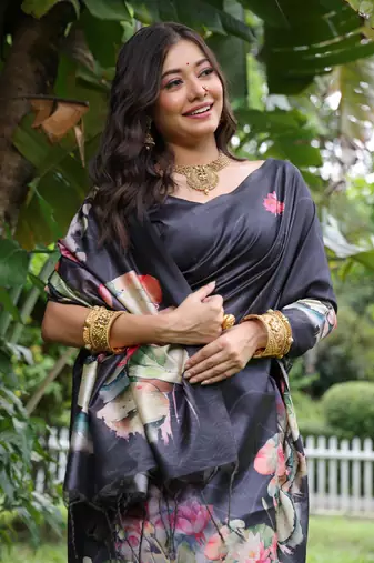 Navy blue soft tussar silk blend printed saree festive wear