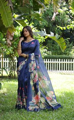 Blue soft tussar silk blend printed saree festive wear 1