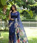 Blue soft tussar silk printed saree festive wear