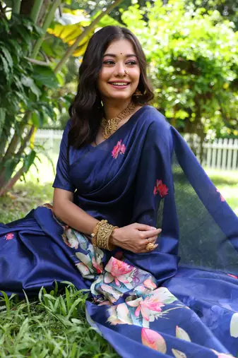 Blue soft tussar silk blend printed saree festive wear