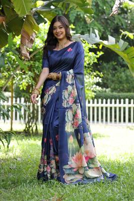 Blue soft tussar silk blend printed saree festive wear 3
