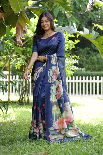 Blue soft tussar silk blend printed saree festive wear