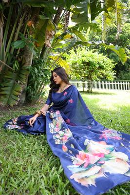 Blue soft tussar silk blend printed saree festive wear 4