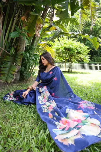 Blue soft tussar silk blend printed saree festive wear