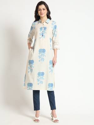 Divena cream blue floral print cotton fabric a-line kurta 1