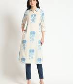 Divena cream blue floral print cotton fabric a-line kurta