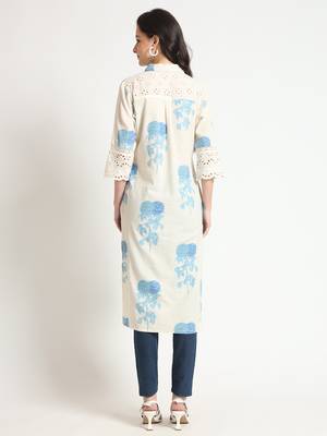 Divena cream blue floral print cotton fabric a-line kurta 2