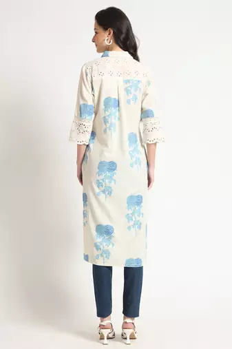 Divena cream blue floral print cotton fabric a-line kurta