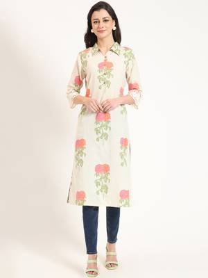 Divena cream pink floral print cotton fabric kurta 1