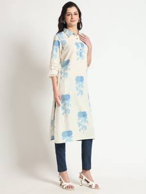Divena cream blue floral print cotton fabric a-line kurta 3