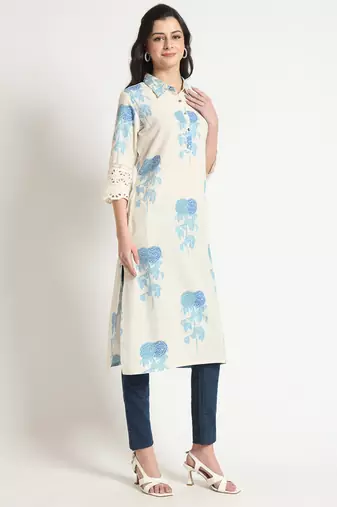 Divena cream blue floral print cotton fabric a-line kurta