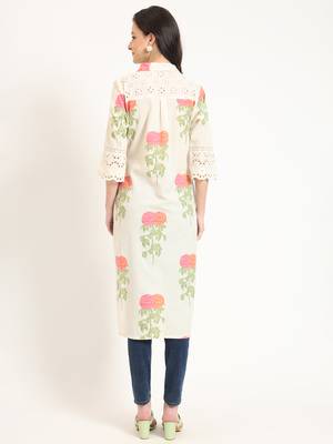 Divena cream pink floral print cotton fabric kurta 2