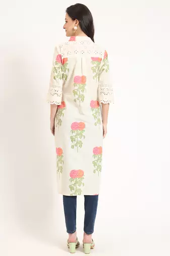 Divena cream pink floral print cotton fabric kurta