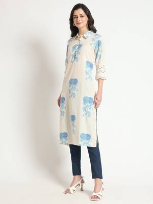 Divena cream blue floral print cotton fabric a-line kurta 4