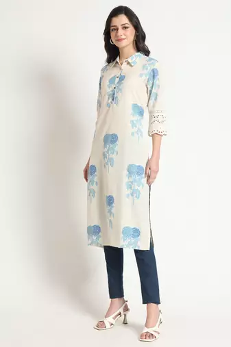 Divena cream blue floral print cotton fabric a-line kurta