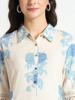 Divena cream blue floral print cotton fabric a-line kurta 5